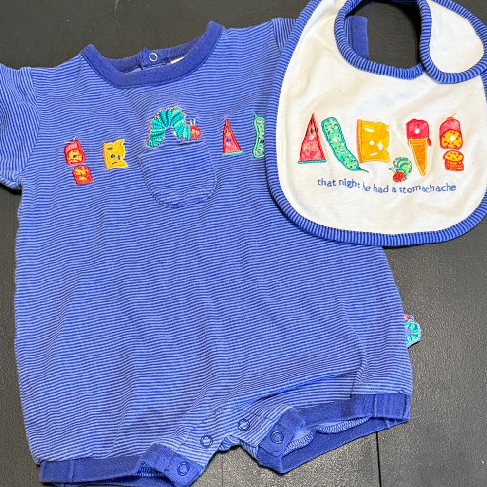 Hungry hungry caterpillar Blue Striped Baby Romper with Matching Bib
